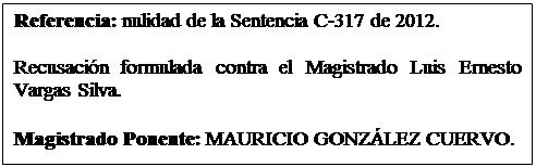 Cuadro de texto: Referencia: nulidad de la Sentencia C-317 de 2012. 

Recusacin formulada contra el Magistrado Luis Ernesto Vargas Silva.  

Magistrado Ponente: MAURICIO GONZLEZ CUERVO.  
