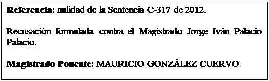Cuadro de texto: Referencia: nulidad de la Sentencia C-317 de 2012. 

Recusacin formulada contra el Magistrado Jorge Ivn Palacio Palacio.  

Magistrado Ponente: MAURICIO GONZLEZ CUERVO  


