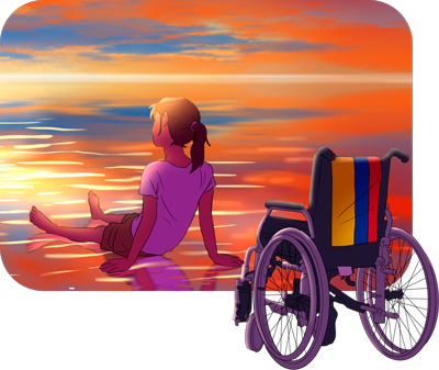 niña descansando en la playa junto a su silla de ruedas mientras contempla el atardecer