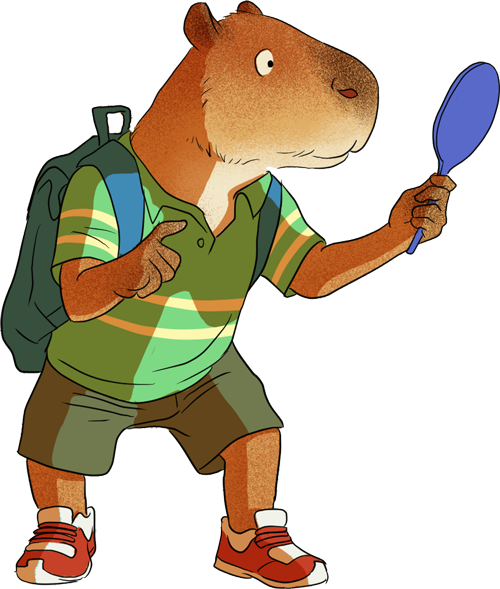 Ilustración de un niño chigüiro explorador con una lupa