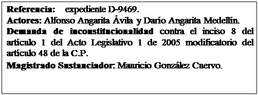 Cuadro de texto: Referencia:    expediente D-9469.
Actores: Alfonso Angarita vila y Daro Angarita Medelln. 
Demanda de inconstitucionalidad contra el inciso 8 del artculo 1 del Acto Legislativo 1 de 2005 modificatorio del artculo 48 de la C.P. 
Magistrado Sustanciador: Mauricio Gonzlez Cuervo.
